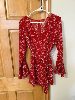 Red Floral Wrap Romper with Bell Sleeves